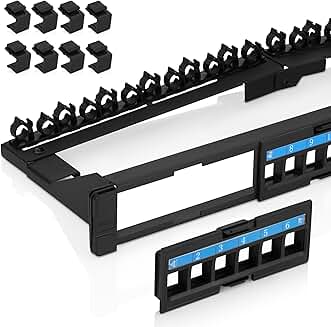 Set of four 24-port keystone patch panels with removable 6-port sections and adjustable cable management