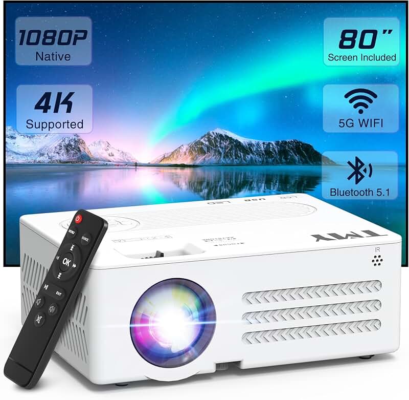 Portable 1080P Projector with WiFi, Bluetooth, and 80" Screen