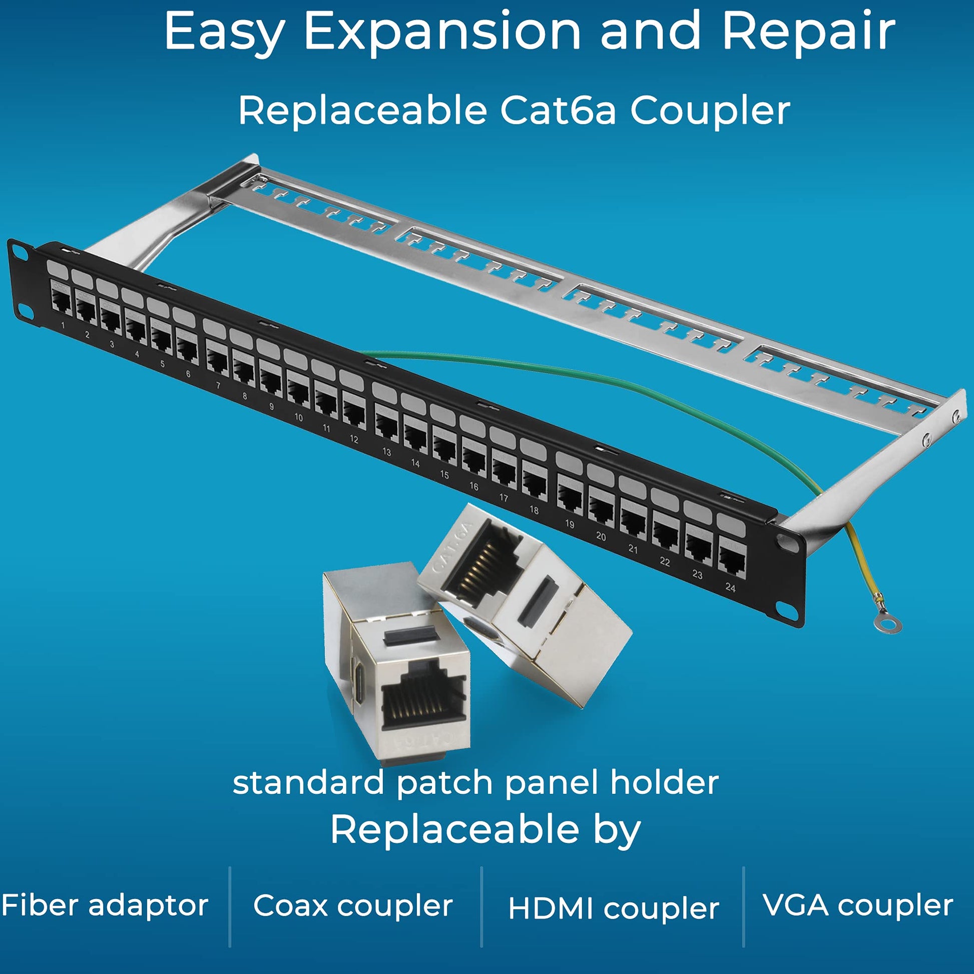 Patch Panel 24 Port Cat6A with Inline Keystone 10G Support, Coupler Patch Panel STP Shielded 19-Inch with Removable Back Bar, 1U Network Patch Panel for Cat7, Cat6, Cat6A, Cat5e, Cat5 Cabling
