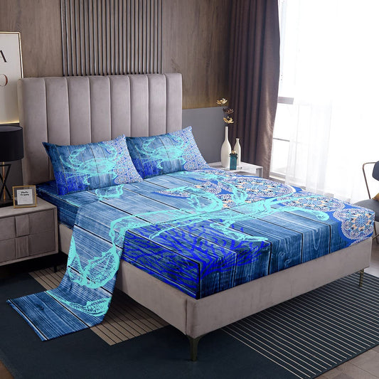 Blue Crab Sheet Set,Hippie Boho Mandala Bed Sheets Full Sea Ocean l Theme Flat Sheet Beach Animal Fitted Sheet Wood Board Home Room Decor,4Pcs with 2 Pillow Shams