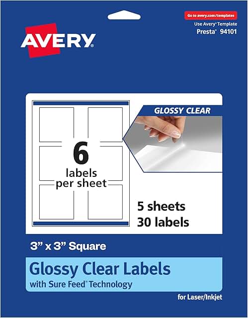 Glossy Clear Square Labels, 3x3 inches, 30 sheets