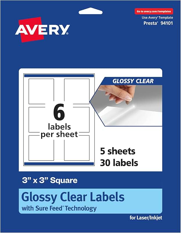 Glossy Clear Square Labels, 3x3 inches, 30 sheets