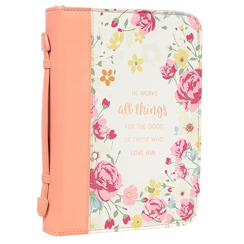 Women's Peach Floral Leather Bible Cover with Romans 8:28