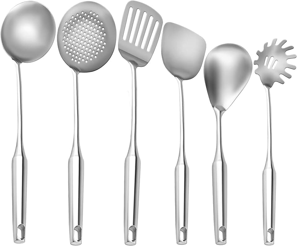 Six-piece stainless steel cooking utensil set with ergonomic handles