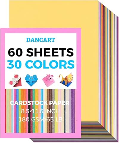 60 Sheets of 8.5" x 11.6" Colored Cardstock in 30 Vivid Colors