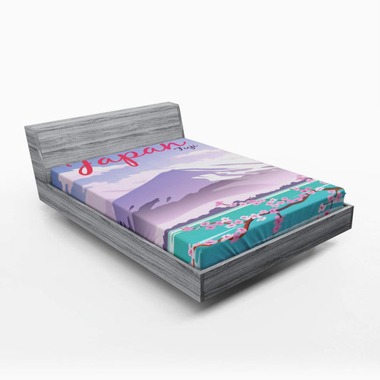 Fitted Sheet, Mount Hill Design with Sakura Cherry Blossom Oriental Landscape, Soft Decorative Fabric Bedding All-Round Elastic Pocket, Full Size, Turquoise Lavender