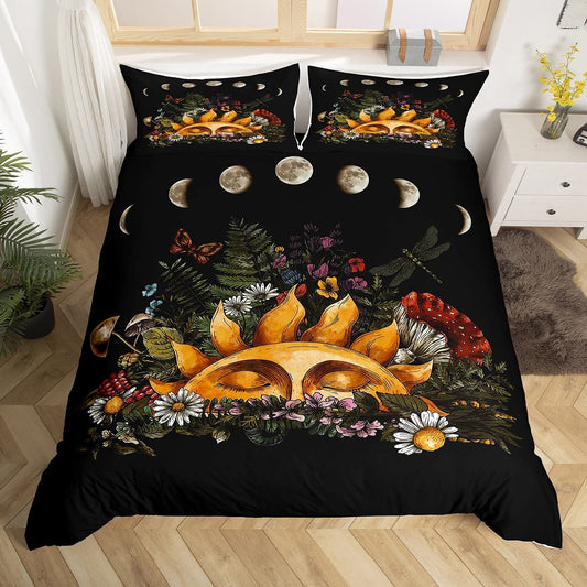 Sun and Moon Duvet Cover Set Twin,Wild Mushroom Butterfly Floral Bedding Set, Trippy Plant Comforter Cover 2 Pcs for Kids Teens Adults Room Decor,Black Colorful Quilt Cover with 1 Pillowcase