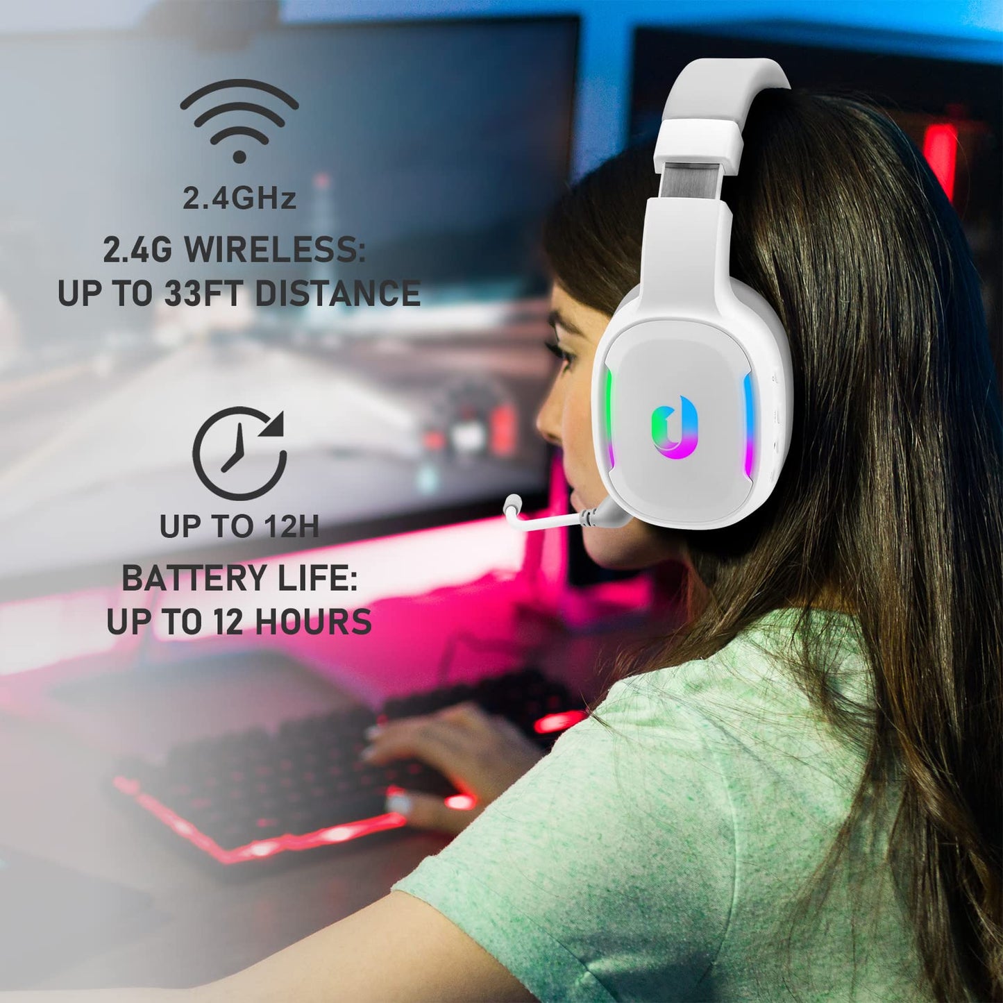 G80 Wireless Gaming Headset - 7.1 Surround Sound, Detachable Noise Canceling Mic, Low Latency 2.4G Wireless Gaming Headphones, Shining RGB - Works with PS4 PS5 PC Laptop Computers