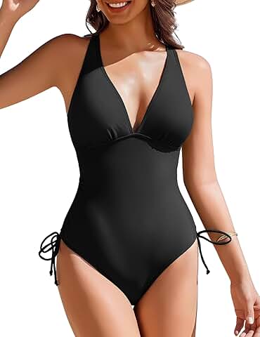 Women's V-Neck One Piece Swimsuit with Tummy Control and Criss Cross Back