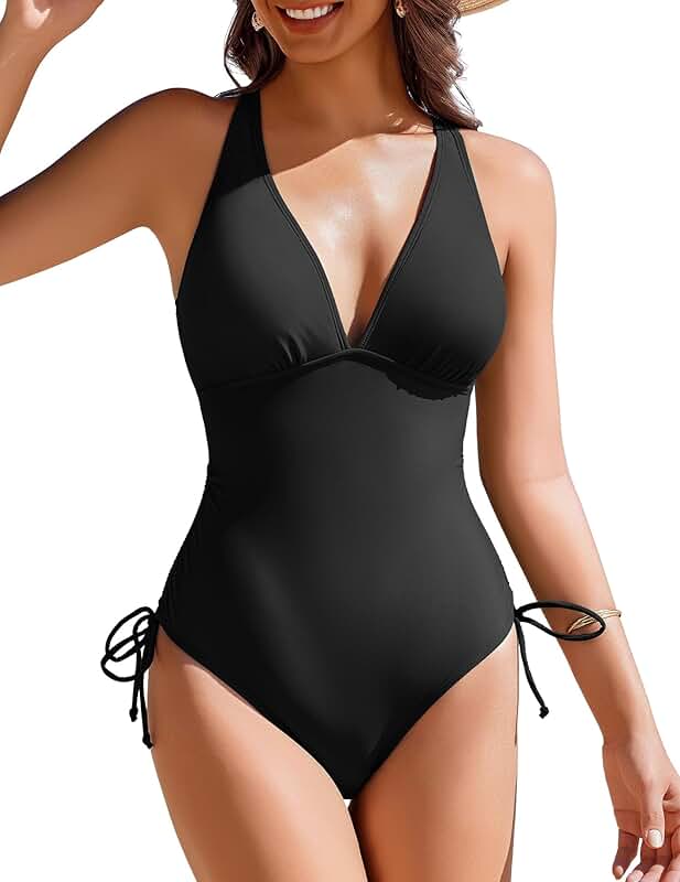 Women's V-Neck One Piece Swimsuit with Tummy Control and Criss Cross Back
