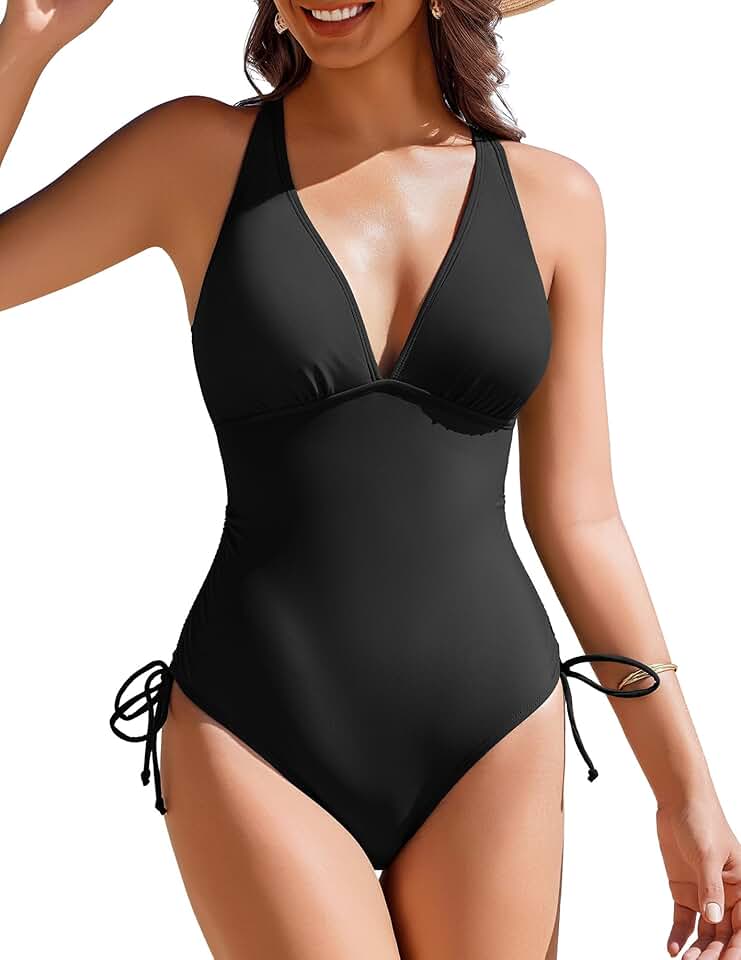 Women's V-Neck One Piece Swimsuit with Tummy Control and Criss Cross Back