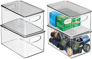 Deep plastic storage bin with lid and handles, 4-pack
