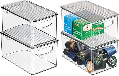 Deep plastic storage bin with lid and handles, 4-pack