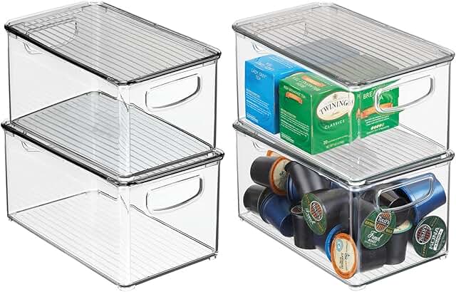 Deep plastic storage bin with lid and handles, 4-pack