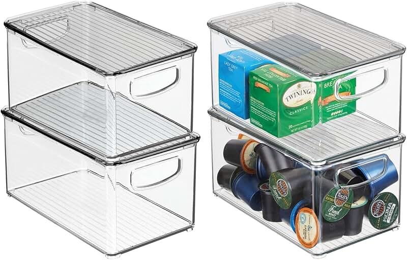 Deep plastic storage bin with lid and handles, 4-pack