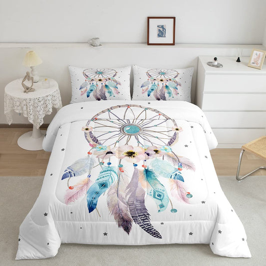 Dream Catcher Bedding Set Twin Size Girls,Floral Flower Comforter Set Cherry Blossom Quilt Duvet Women Aztec Tribal Down Comforter,Bohemian Star Home Room Decor with 1 Pillowcase