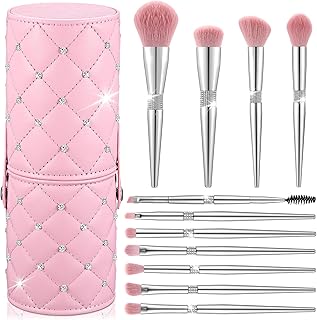 11-Piece Pink Makeup Brush Set with Holder