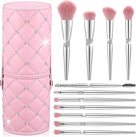 11-Piece Pink Makeup Brush Set with Holder