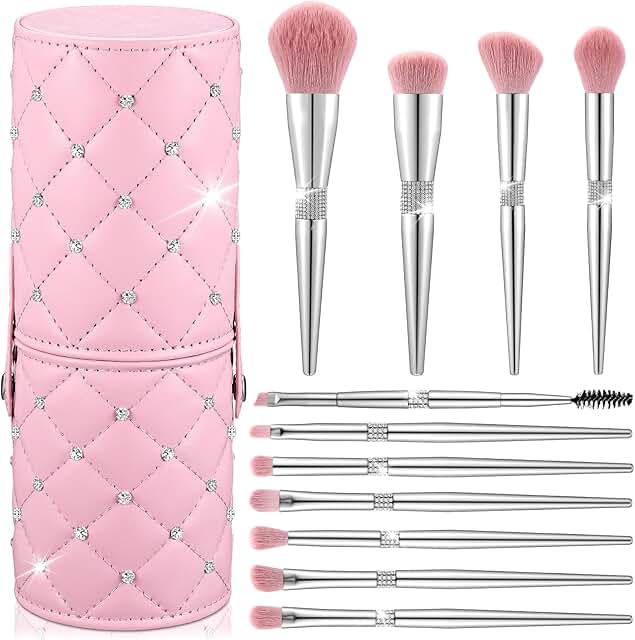 11-Piece Pink Makeup Brush Set with Holder
