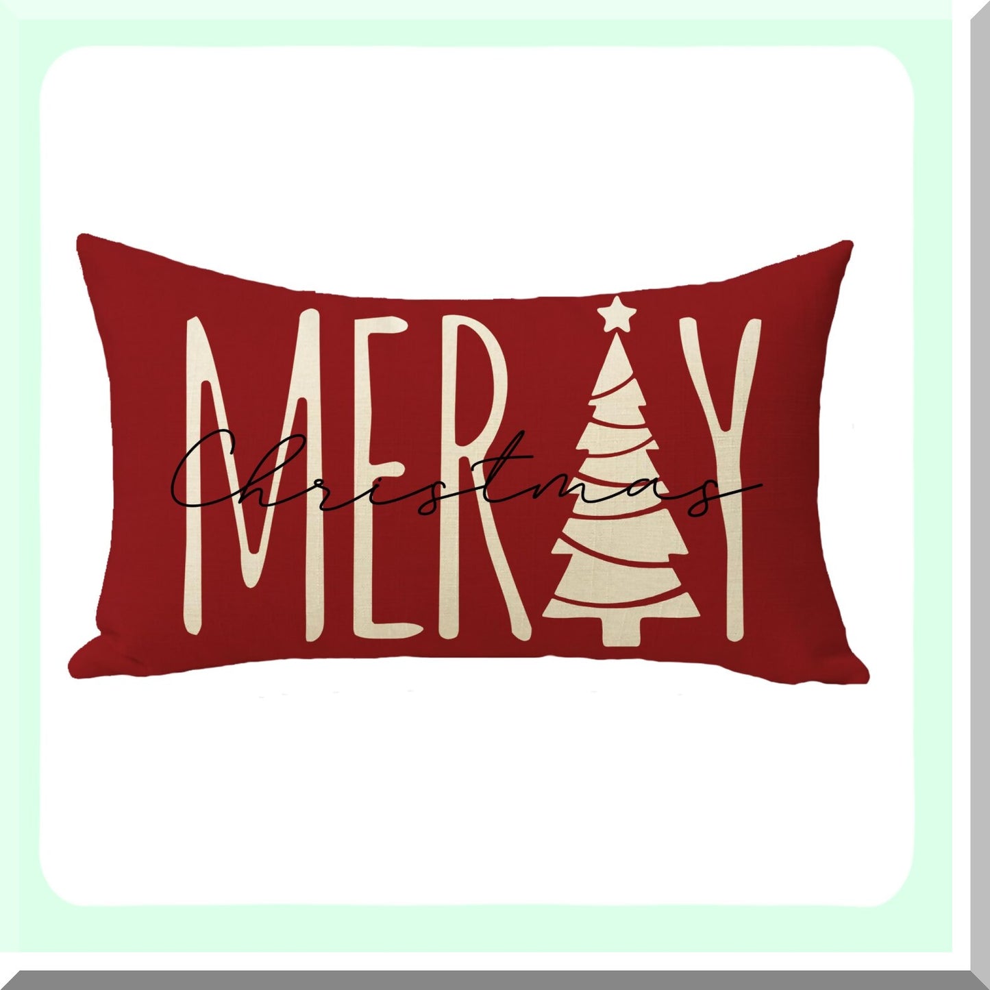 Festive Tree Holiday Lumbar Pillow Cover - Red Xmas Farmhouse Decorative Cushion Case - Winter Seasonal Home Decoration - 12 x 20 Pillowcase