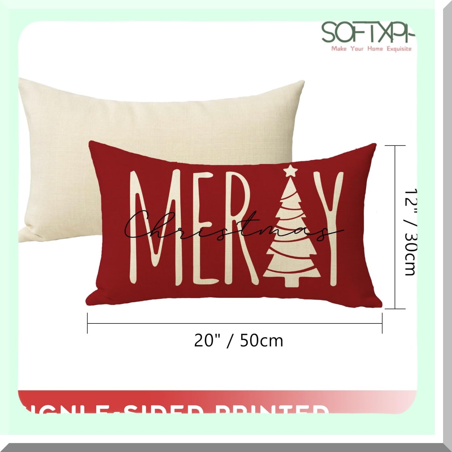 Festive Tree Holiday Lumbar Pillow Cover - Red Xmas Farmhouse Decorative Cushion Case - Winter Seasonal Home Decoration - 12 x 20 Pillowcase