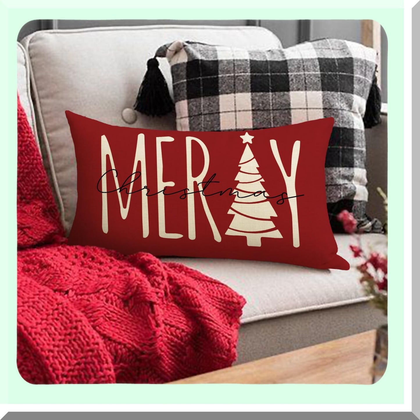 Festive Tree Holiday Lumbar Pillow Cover - Red Xmas Farmhouse Decorative Cushion Case - Winter Seasonal Home Decoration - 12 x 20 Pillowcase