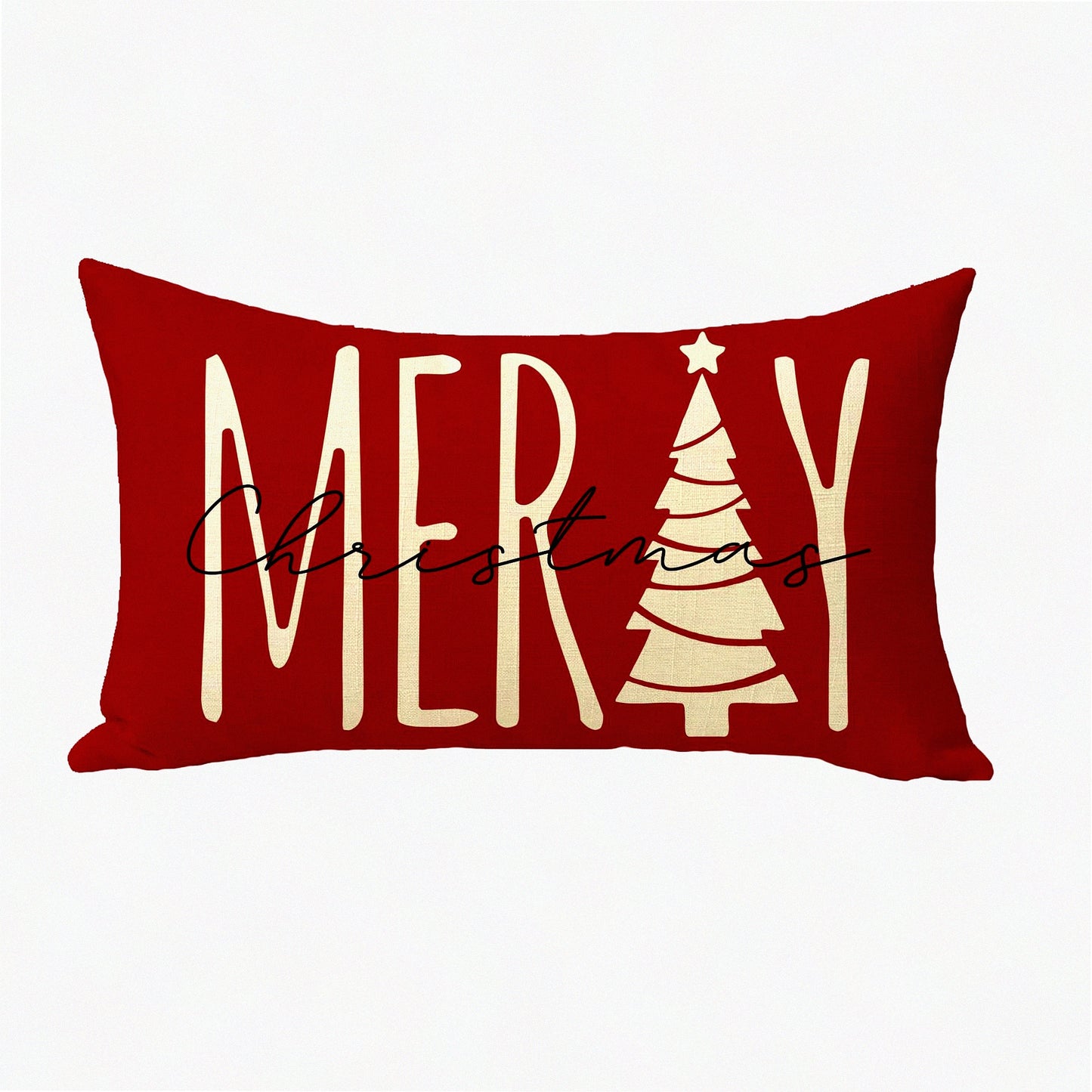 Festive Tree Holiday Lumbar Pillow Cover - Red Xmas Farmhouse Decorative Cushion Case - Winter Seasonal Home Decoration - 12 x 20 Pillowcase