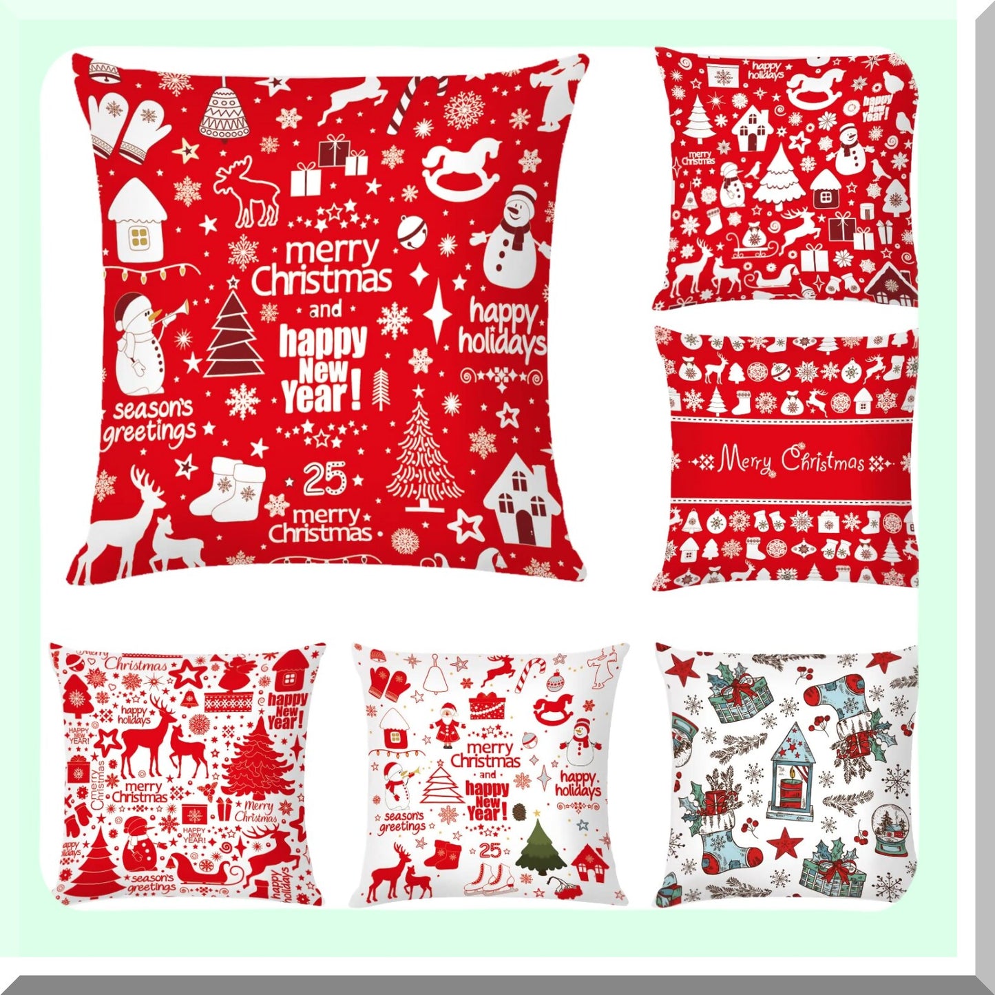Holiday Home Decor Set - 6 Pack 18x18 Throw Pillow Covers for Couch & Sofa, Indoor Outdoor Xmas Cushion Covers - Festive Decoration