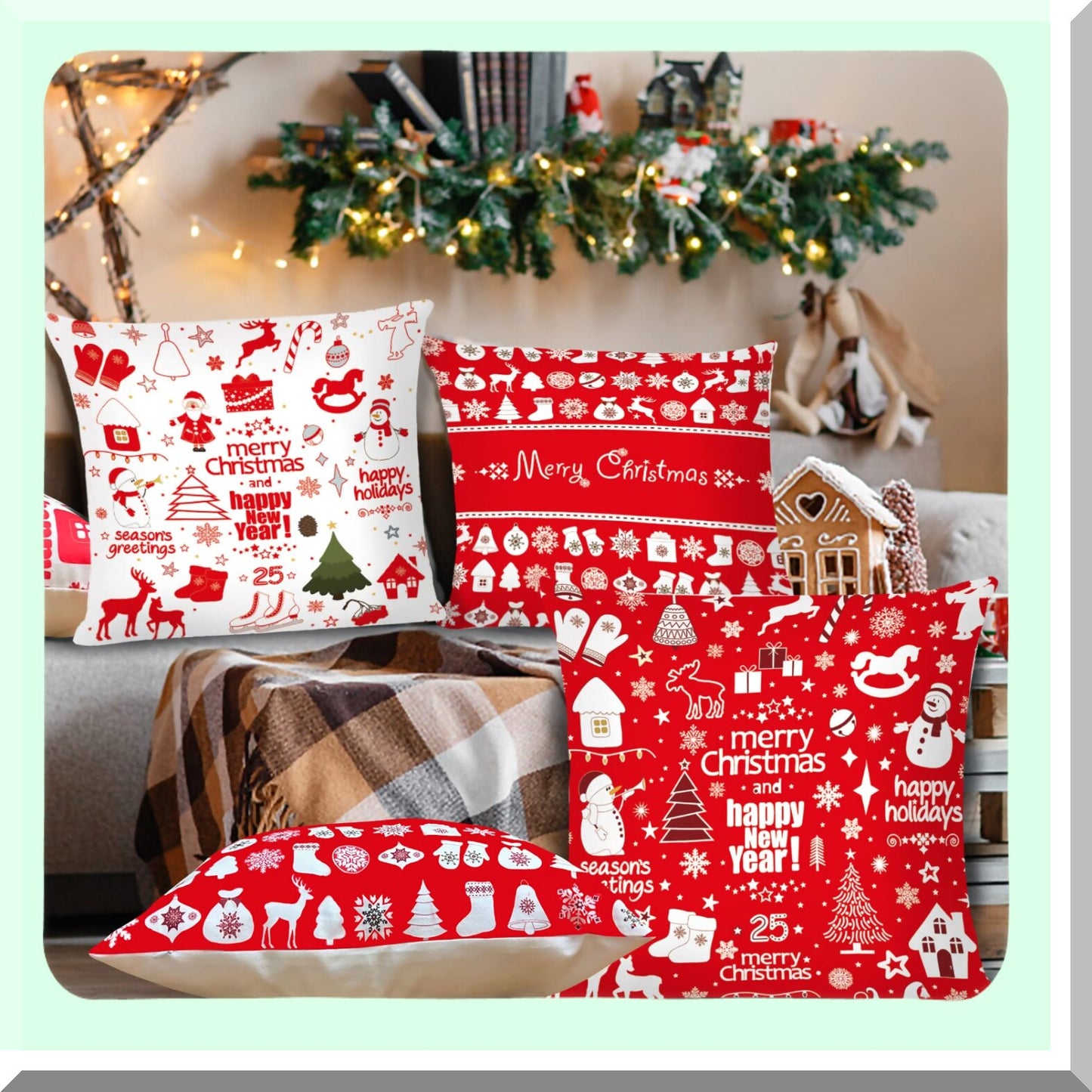 Holiday Home Decor Set - 6 Pack 18x18 Throw Pillow Covers for Couch & Sofa, Indoor Outdoor Xmas Cushion Covers - Festive Decoration