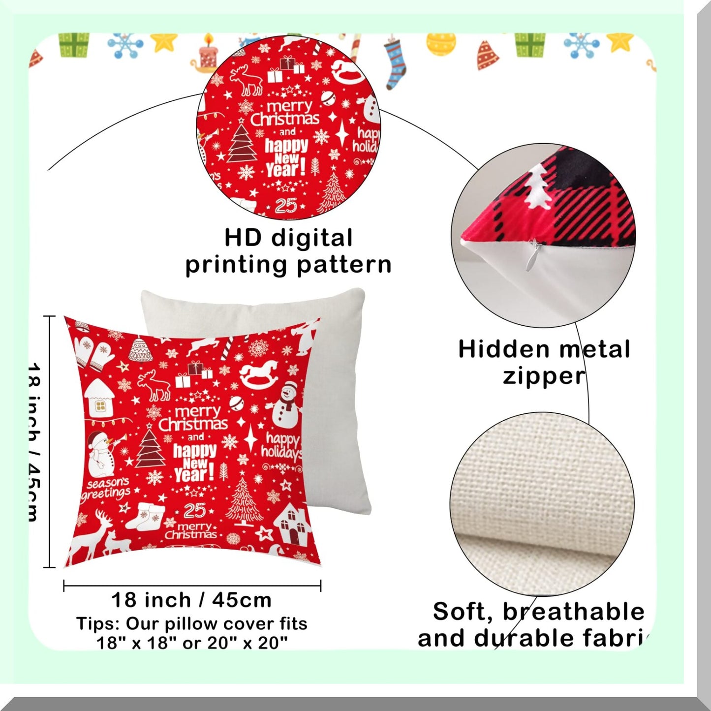 Holiday Home Decor Set - 6 Pack 18x18 Throw Pillow Covers for Couch & Sofa, Indoor Outdoor Xmas Cushion Covers - Festive Decoration