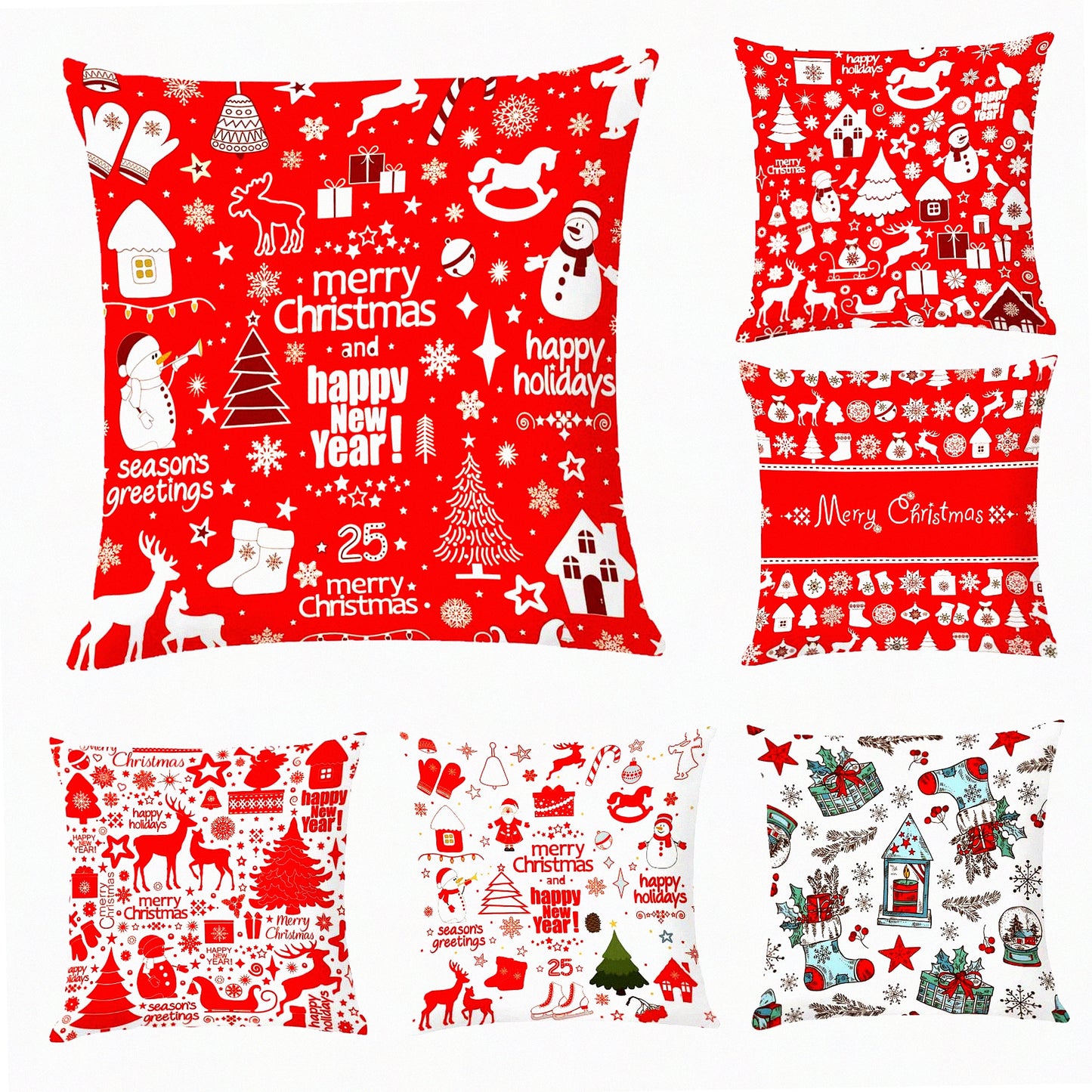 Holiday Home Decor Set - 6 Pack 18x18 Throw Pillow Covers for Couch & Sofa, Indoor Outdoor Xmas Cushion Covers - Festive Decoration