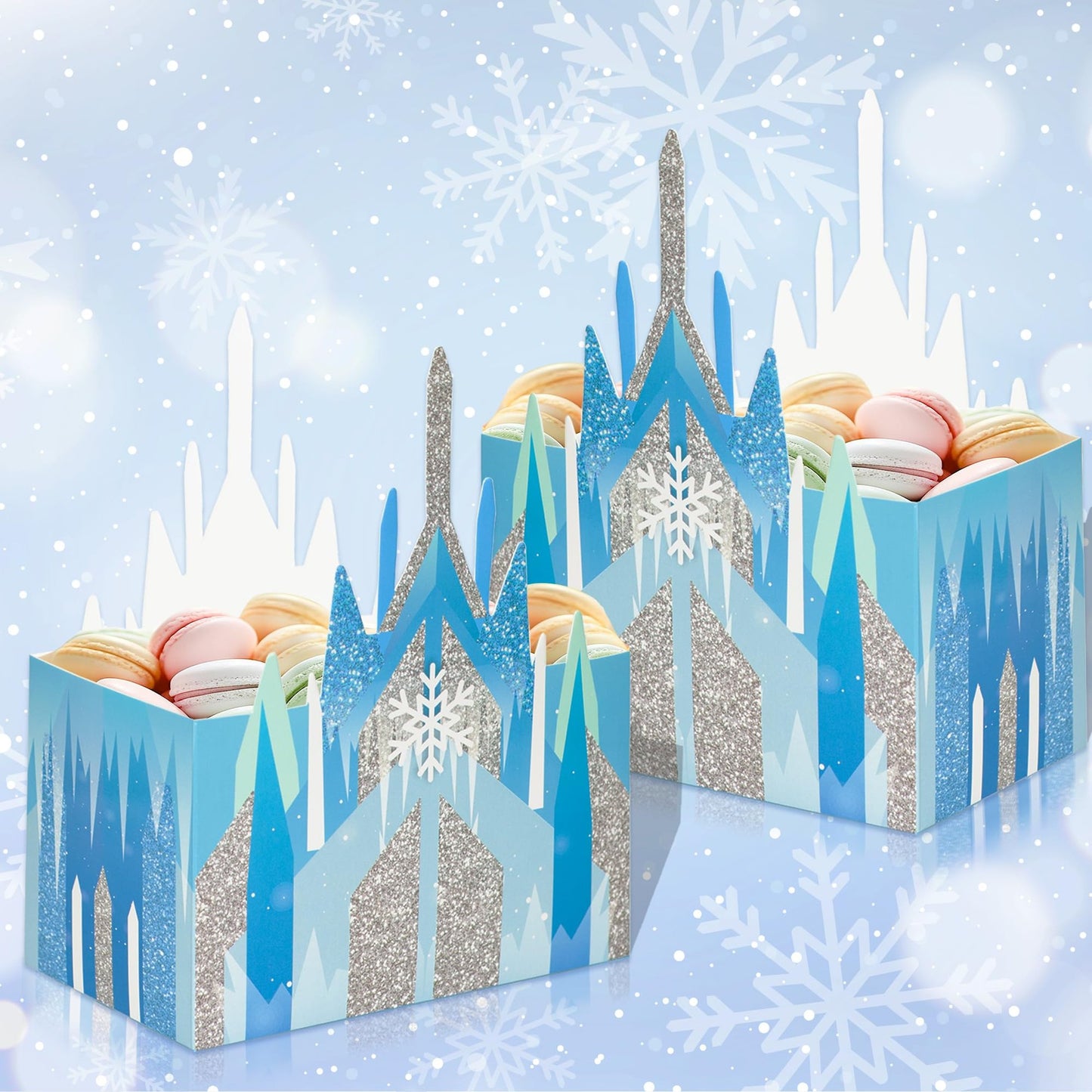 Frozen Castle Party Boxes - 16Pcs Princess Cardboard Food Box for Birthday Decor Blue Winter Wonderland Baby Shower Supplies Snowflake Tables