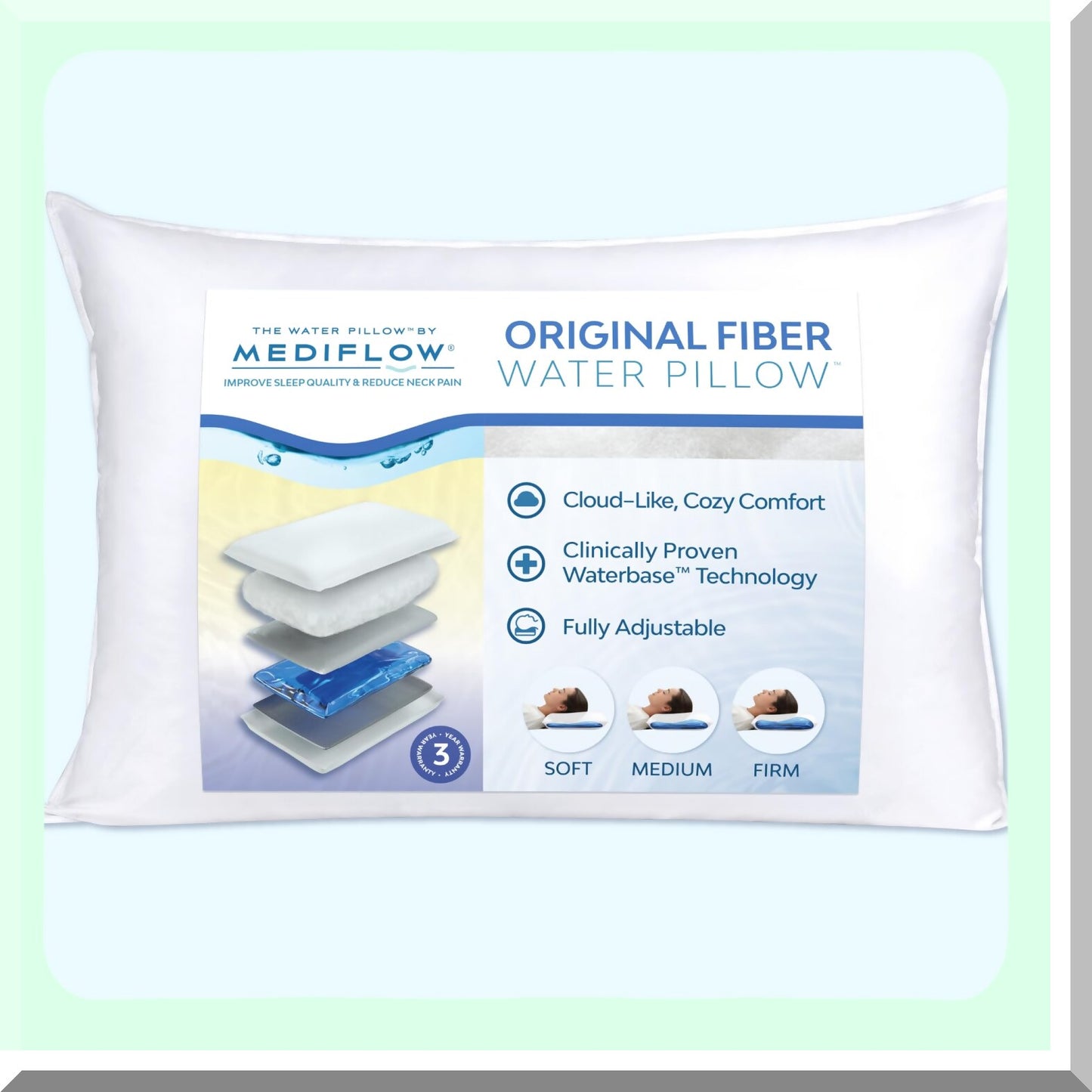 AdjustaFiber Neck Relief Pillow - Supportive Water Pillow for Side, Back, Stomach Sleepers - Clinically Proven Bed Pillow for Pain Relief