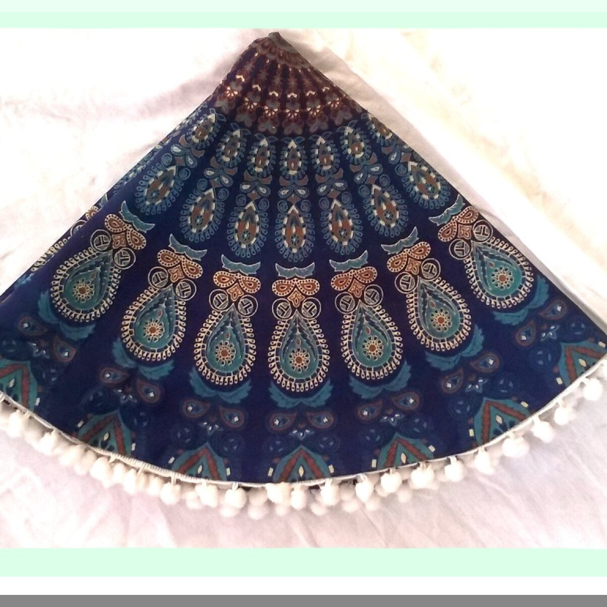 Blue Bohemian Pom Pom Round Floor Pillow Cover - Meditation Seating Ottoman Throw Cushion Case for Hippie Decor - Zipped Barmeri Pouf