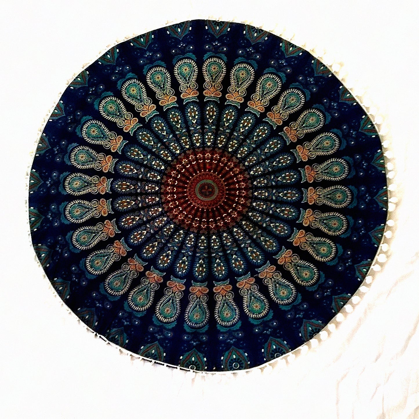 Blue Bohemian Pom Pom Round Floor Pillow Cover - Meditation Seating Ottoman Throw Cushion Case for Hippie Decor - Zipped Barmeri Pouf