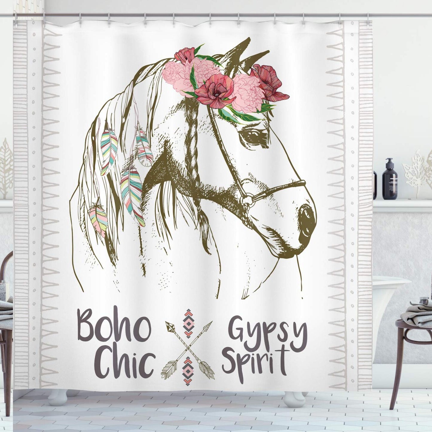 Animal Shower Curtain Boho Horse Head Flowers 69x70 inches
