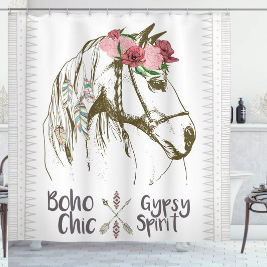 Animal Shower Curtain Boho Horse Head Flowers 69x70 inches