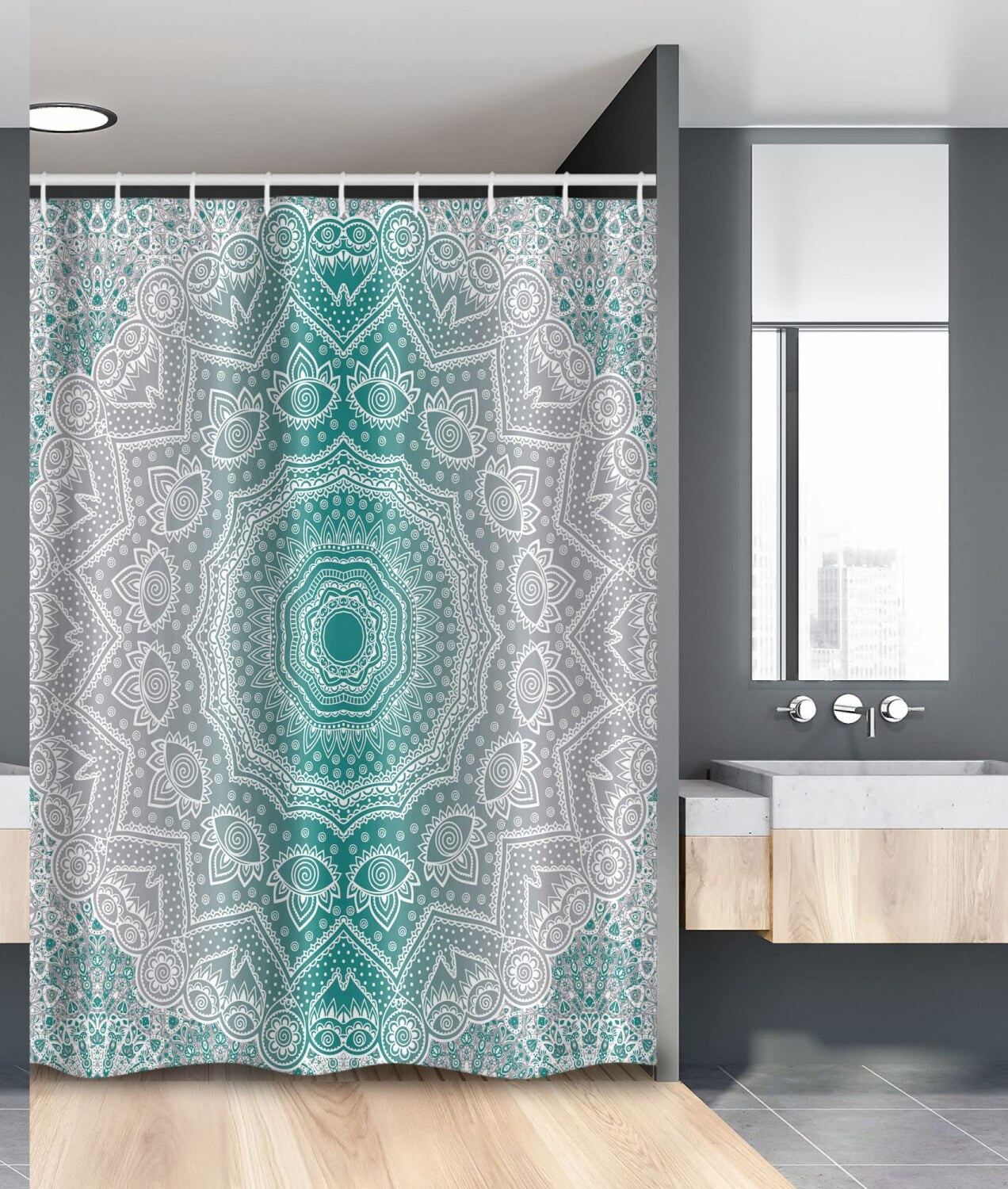 Grey and Teal Shower Curtain 54x78 with Hooks