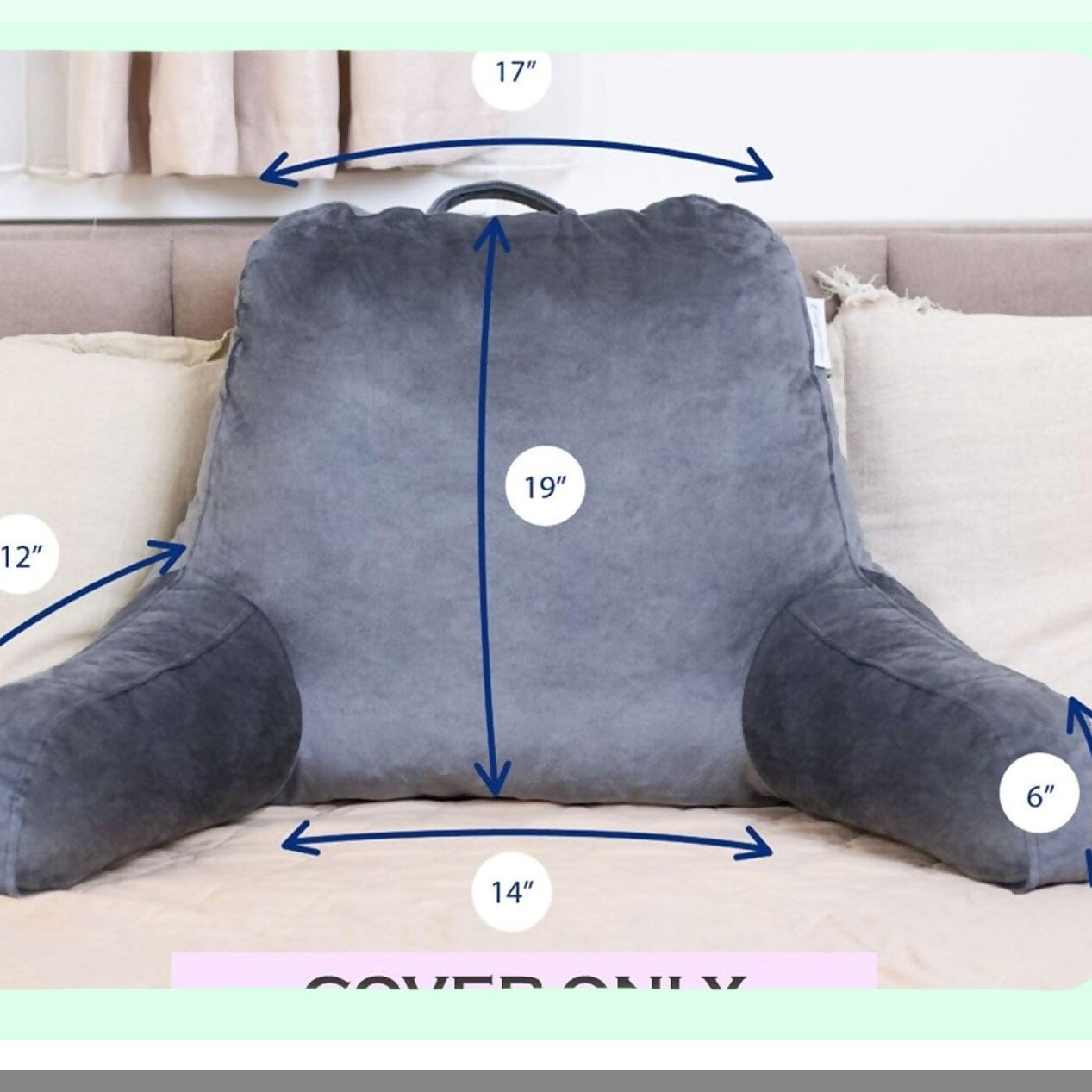 CozyRest 19" Velour Reading Pillow Cover - Grey, Machine Washable, Soft Polyester Replacement Cover for Back Rest Pillow, Easy to Clean and Dry