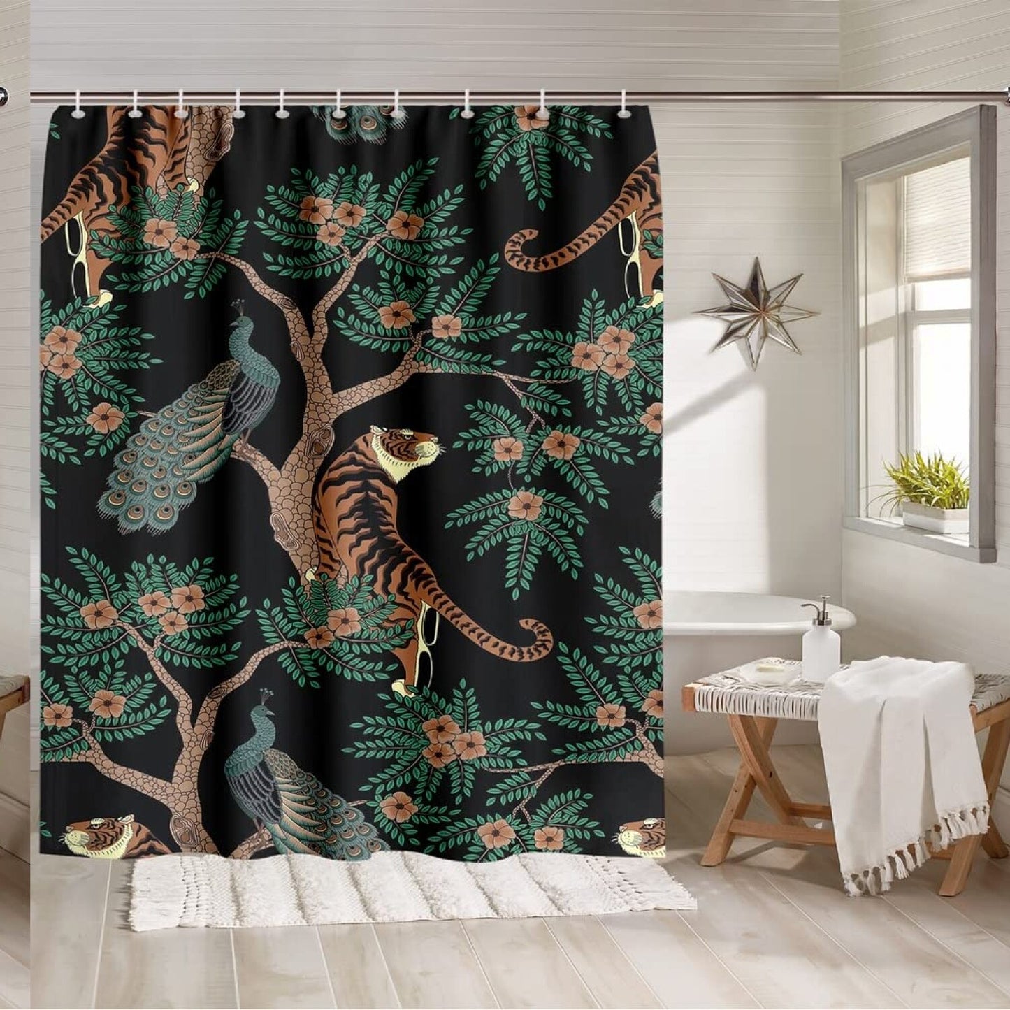 Retro Tiger and Peacock Shower Curtain Set 72x72 Inch