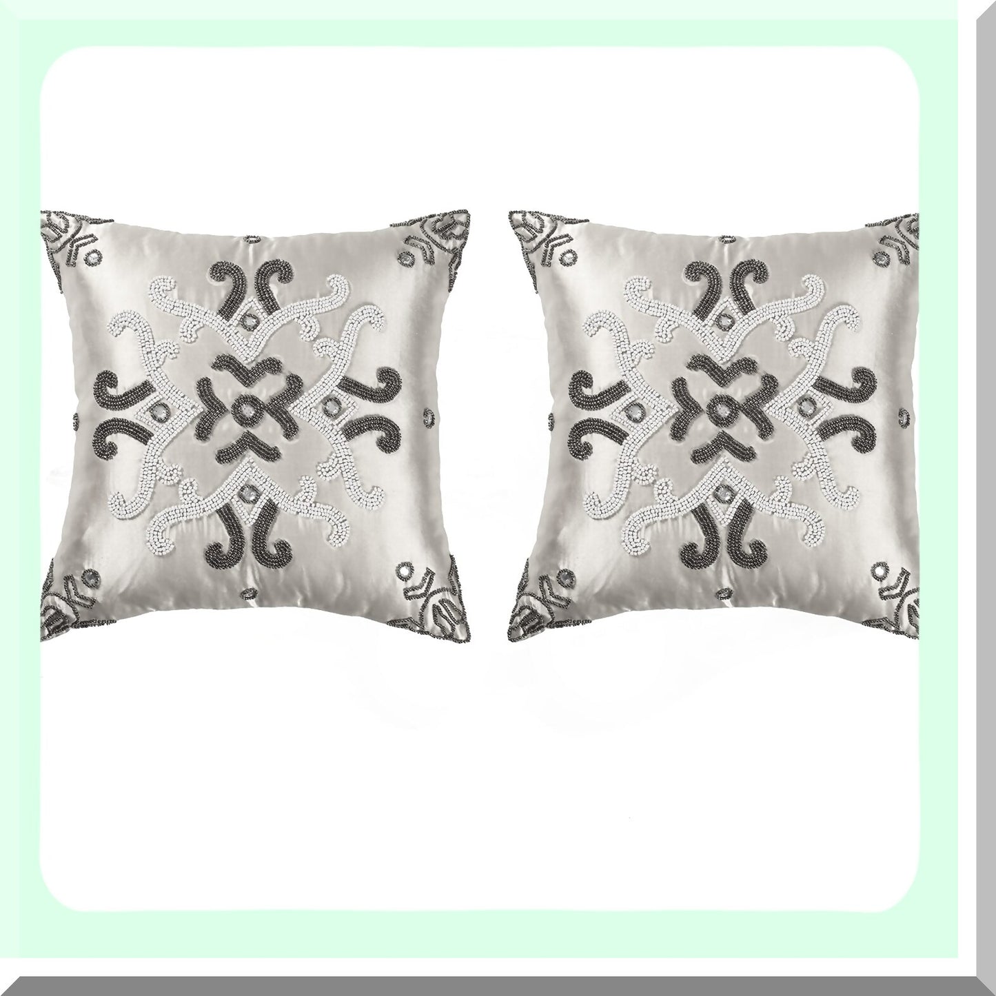 Elegant Beaded Cushion Cover Set - 16x16 Inch Decorative Pillow for Bed, Living Room, Sofa - Beautiful Gunmetal Ivory Design - Pack of 2