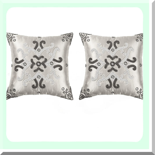 Elegant Beaded Cushion Cover Set - 16x16 Inch Decorative Pillow for Bed, Living Room, Sofa - Beautiful Gunmetal Ivory Design - Pack of 2