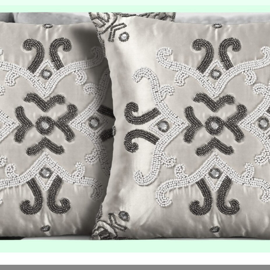 Elegant Beaded Cushion Cover Set - 16x16 Inch Decorative Pillow for Bed, Living Room, Sofa - Beautiful Gunmetal Ivory Design - Pack of 2