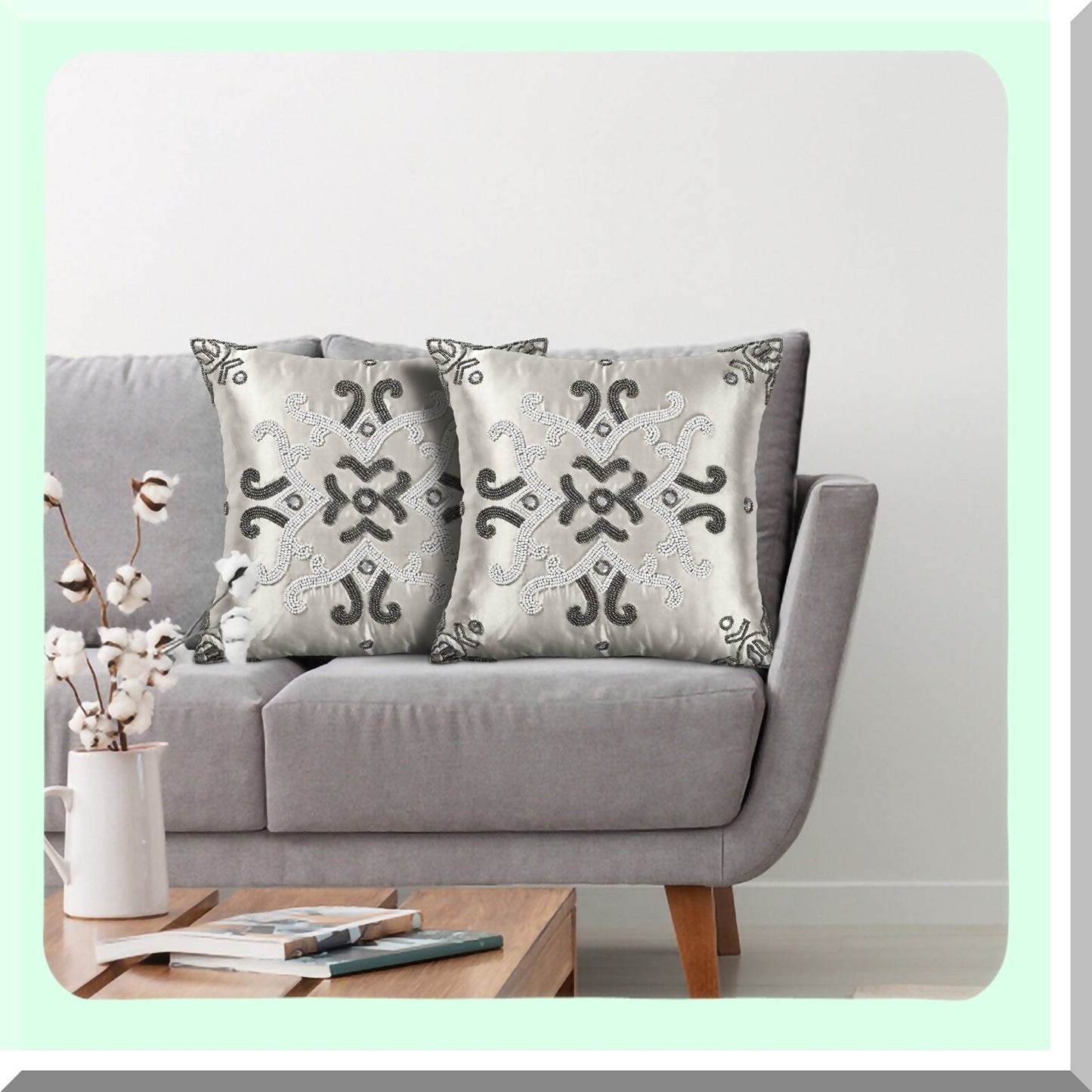 Elegant Beaded Cushion Cover Set - 16x16 Inch Decorative Pillow for Bed, Living Room, Sofa - Beautiful Gunmetal Ivory Design - Pack of 2