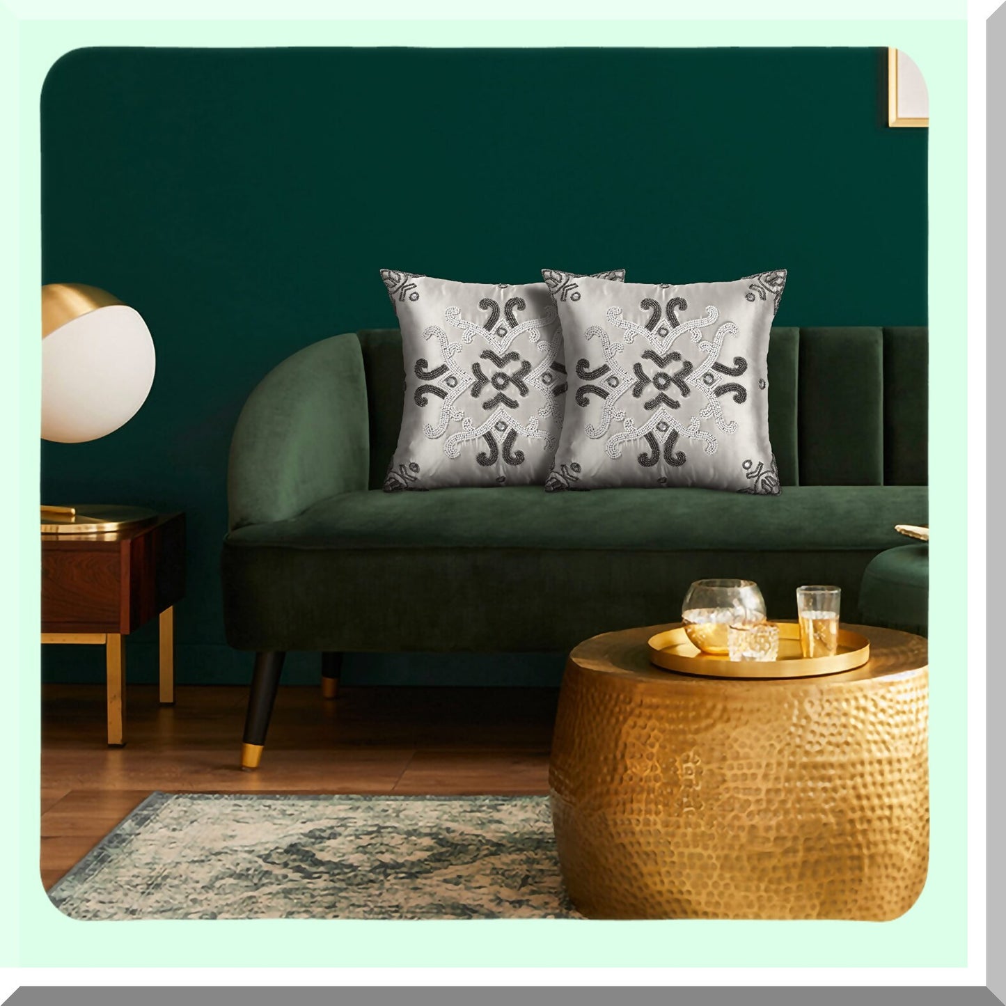 Elegant Beaded Cushion Cover Set - 16x16 Inch Decorative Pillow for Bed, Living Room, Sofa - Beautiful Gunmetal Ivory Design - Pack of 2