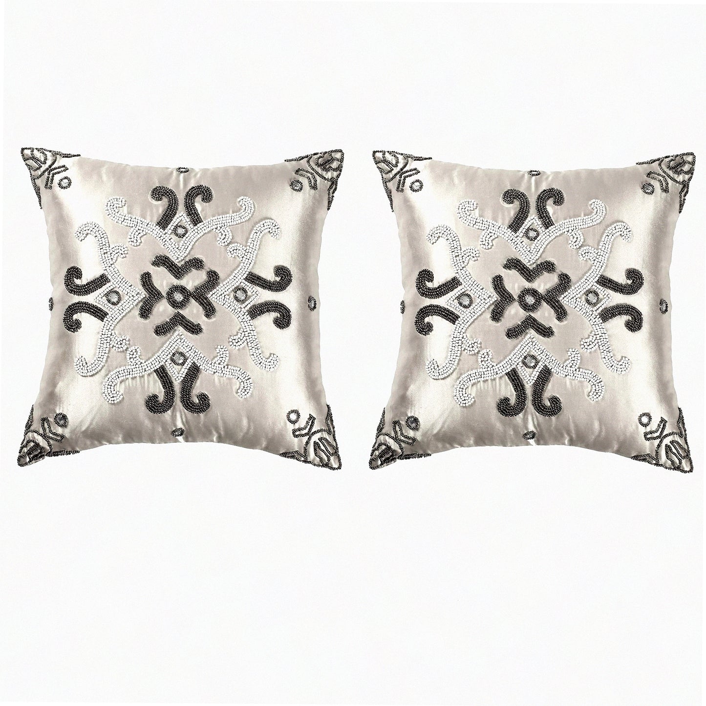 Elegant Beaded Cushion Cover Set - 16x16 Inch Decorative Pillow for Bed, Living Room, Sofa - Beautiful Gunmetal Ivory Design - Pack of 2