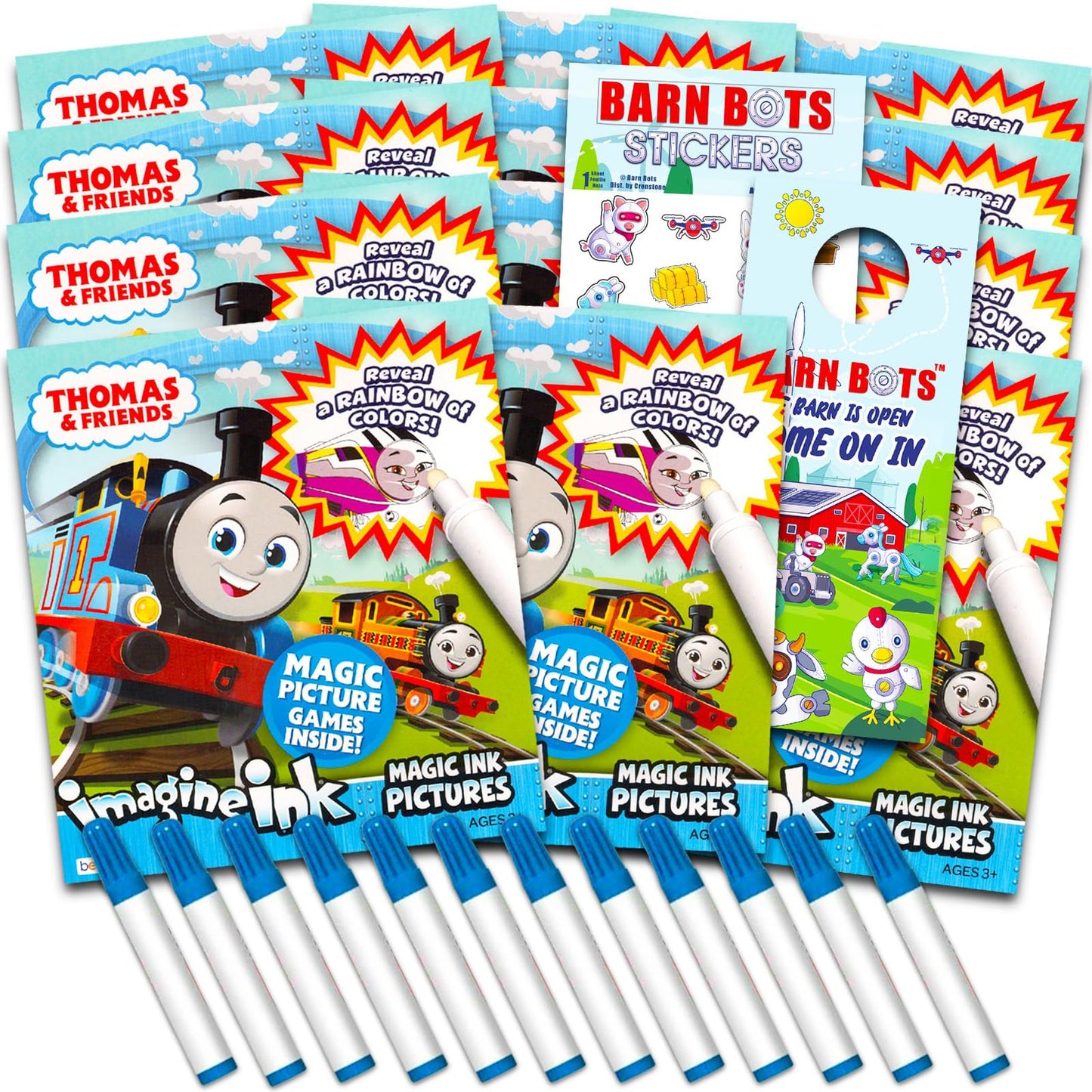 Ink Train Coloring Adventure Pack - 12 No-Mess Books with Barn Bots Stickers & Door Hanger - Kids Party Favors Bundle - Imagine Fun on the Tracks!