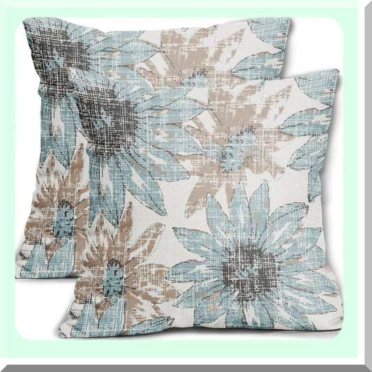 Sunflower Bloom Pillow Covers - Set of 2 Retro Floral Print Decorative Throw Pillows - Modern Art Linen Cushion Case for Home Sofa Bed - 16x16 Square