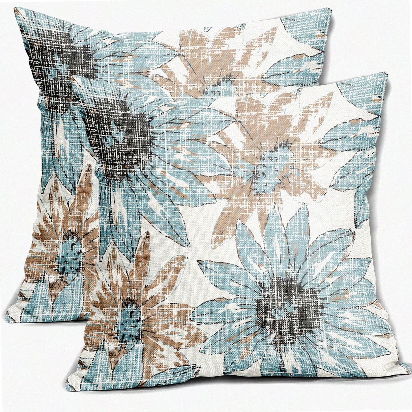 Sunflower Bloom Pillow Covers - Set of 2 Retro Floral Print Decorative Throw Pillows - Modern Art Linen Cushion Case for Home Sofa Bed - 16x16 Square