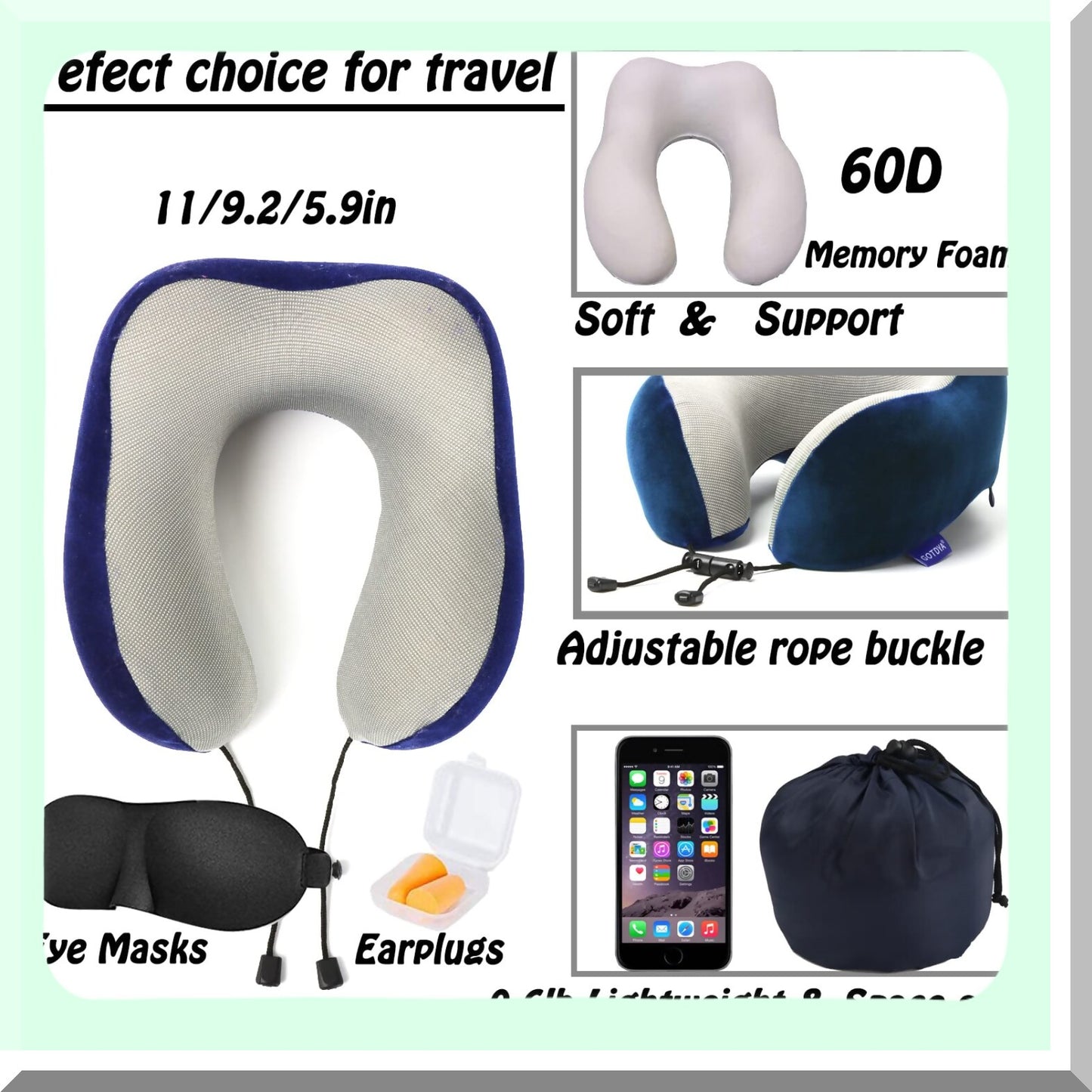 MemoryCloud Travel Neck Pillow - Soft Comfort Support for Airplane, Car, Office & Home Rest - 100% Pure Memory Foam - Blue Color